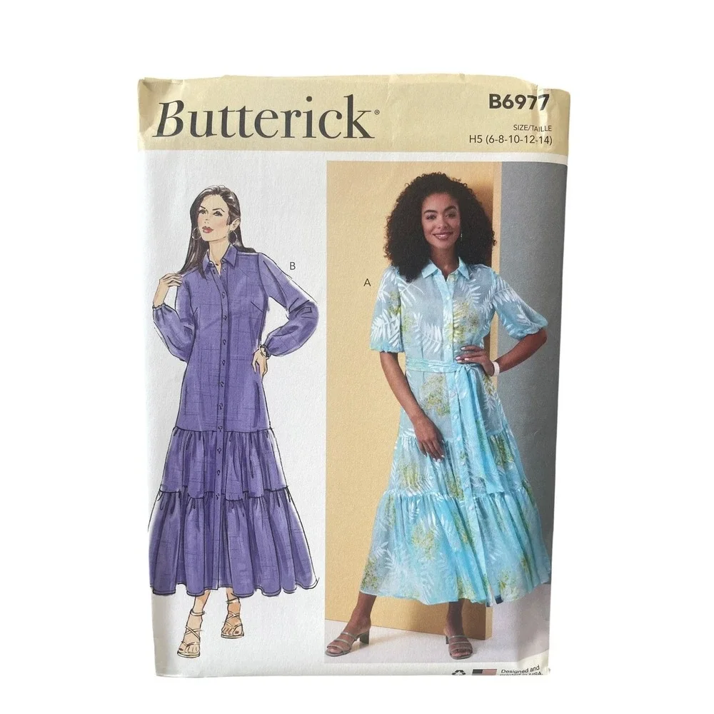 Butterick B6977 Misses Dress Sash H5 (6-8-10-12-14) Tiered Shirt Dress